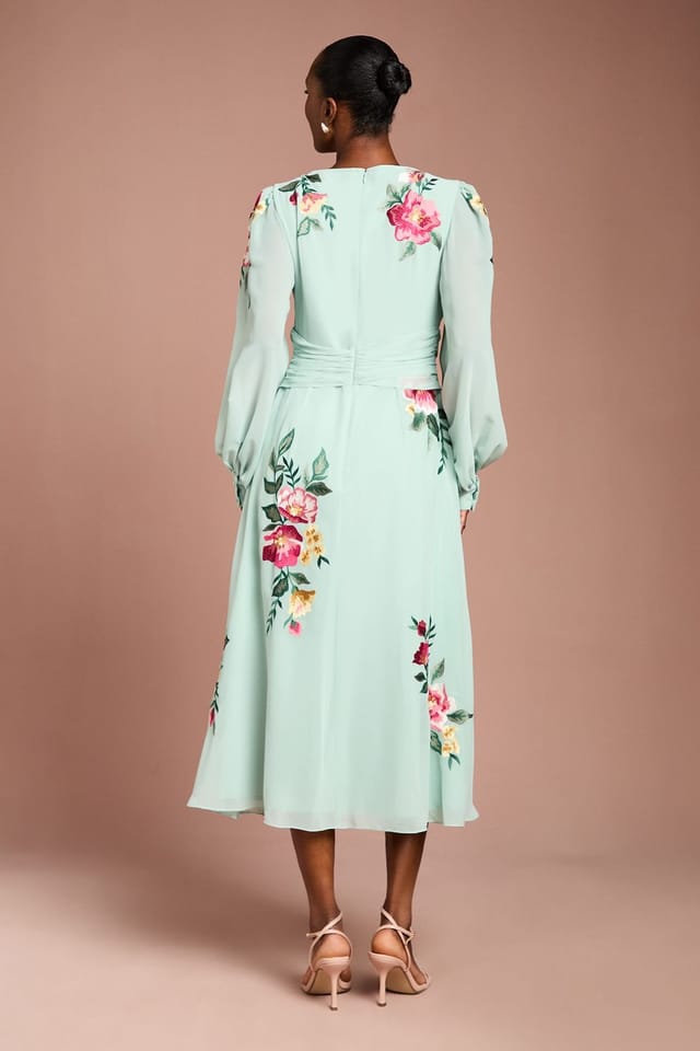 Coast Coast Women's Embroidered Long Sleeve Belted Midi Dress in Sage - 3