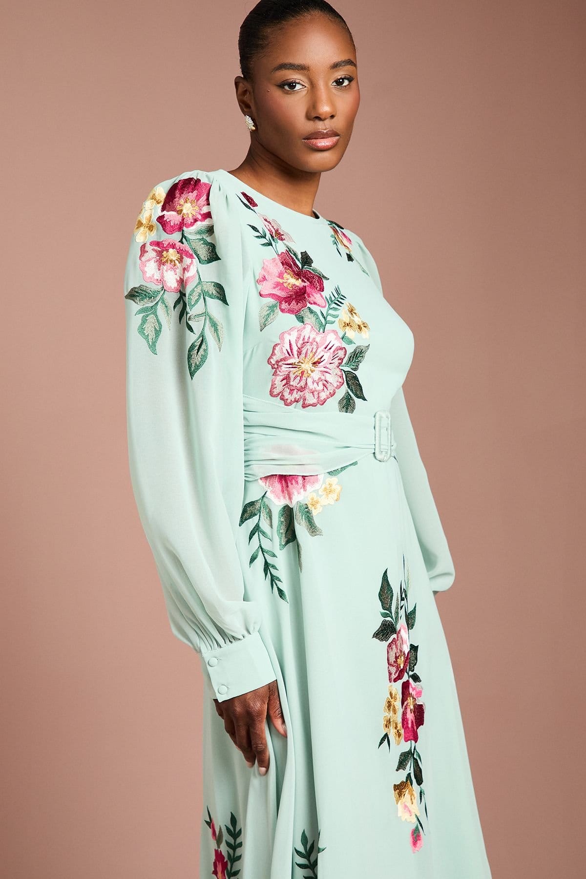 Coast Coast Women's Embroidered Long Sleeve Belted Midi Dress in Sage - 4