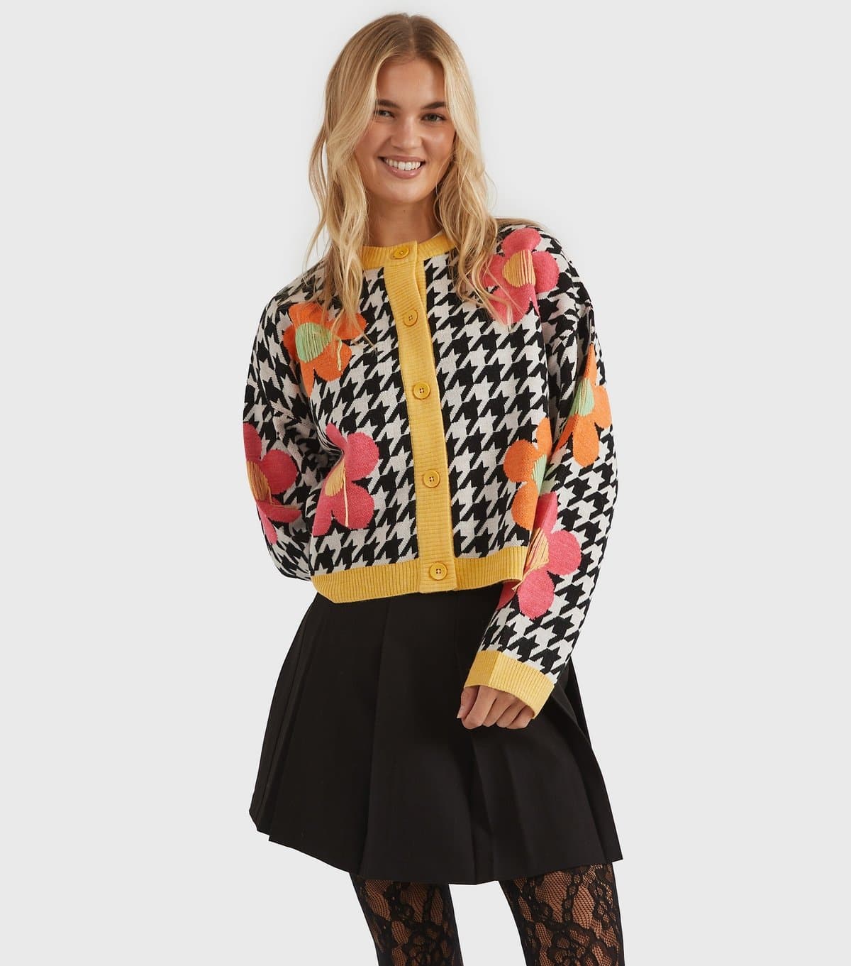 Skinnydip Women's Multi Colour Dogstooth Flower Knit Cardigan Skinnydip New Look