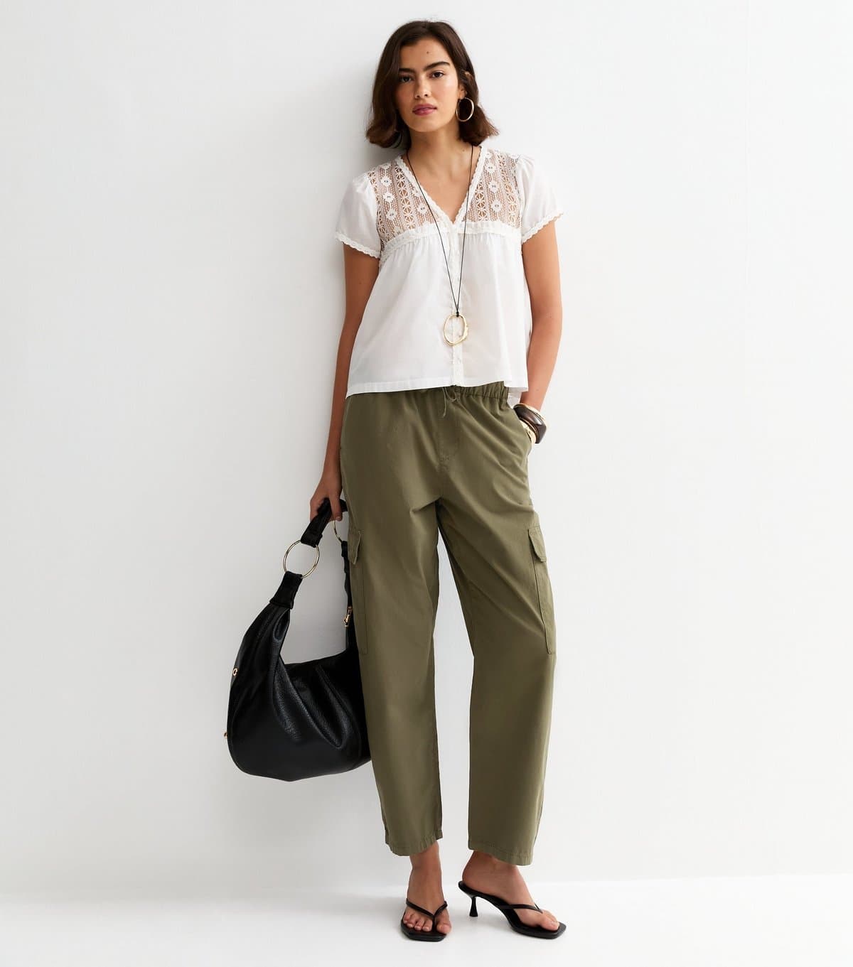 New Look Women's Dark Khaki Barrel Leg Cargo Trousers New Look