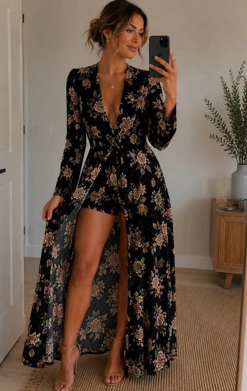 Missguided 🌸 Missguided Black Floral Playsuit Maxi Overlay Dress Romper UK 8 Boho Occasion