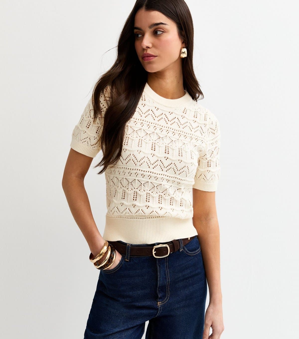 New Look Women's Cream Cotton Rich Patterned Knit Short Sleeve Top New Look