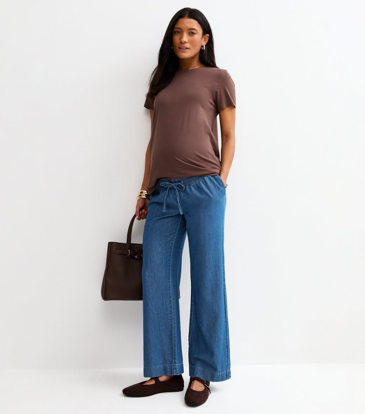 New Look Women's Maternity Blue Denim-Look Wide Leg Trousers New Look