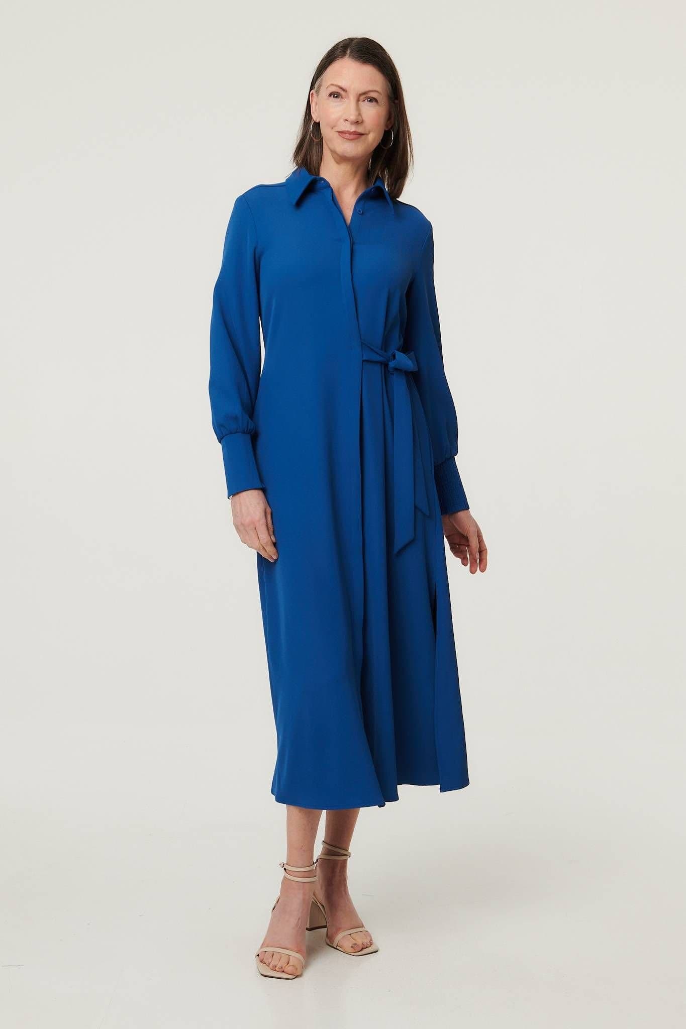 Izabel London Izabel London Women's Tie Waist Long Sleeve Midi Shirt Dress in Blue