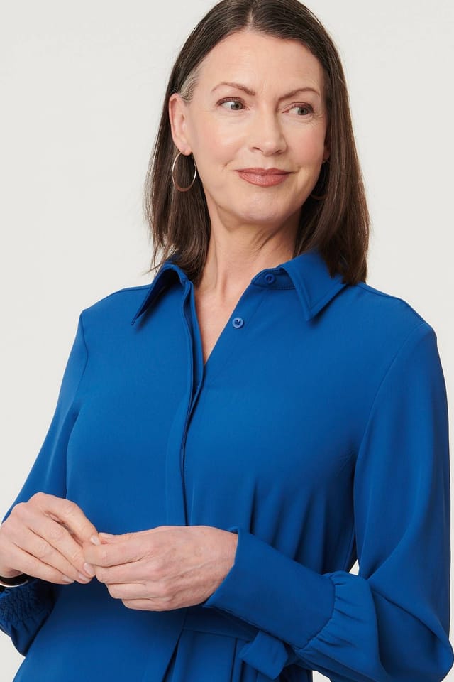 Izabel London Izabel London Women's Tie Waist Long Sleeve Midi Shirt Dress in Blue - 2