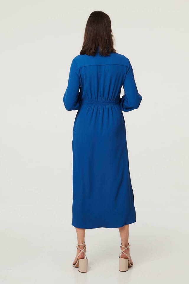 Izabel London Izabel London Women's Tie Waist Long Sleeve Midi Shirt Dress in Blue - 3
