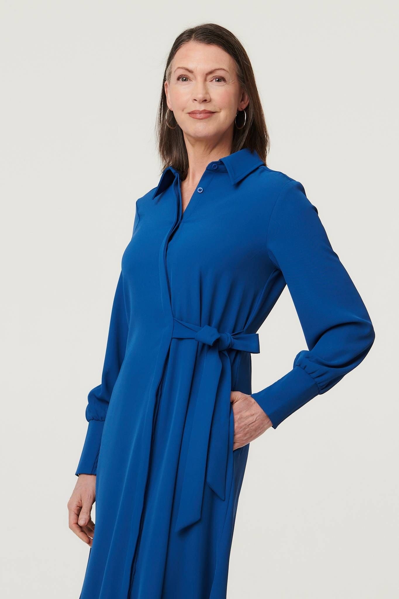 Izabel London Izabel London Women's Tie Waist Long Sleeve Midi Shirt Dress in Blue - 4
