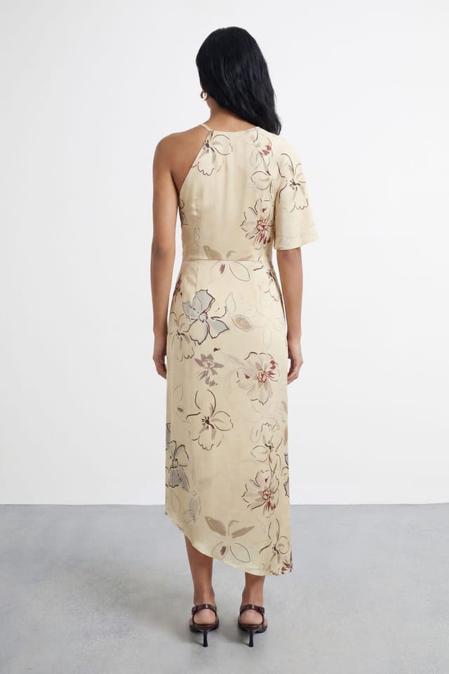 Warehouse Warehouse Women's Floral Print Asymmetric One Sleeve Bias Maxi Dress With Keyhole in Lemon - 3