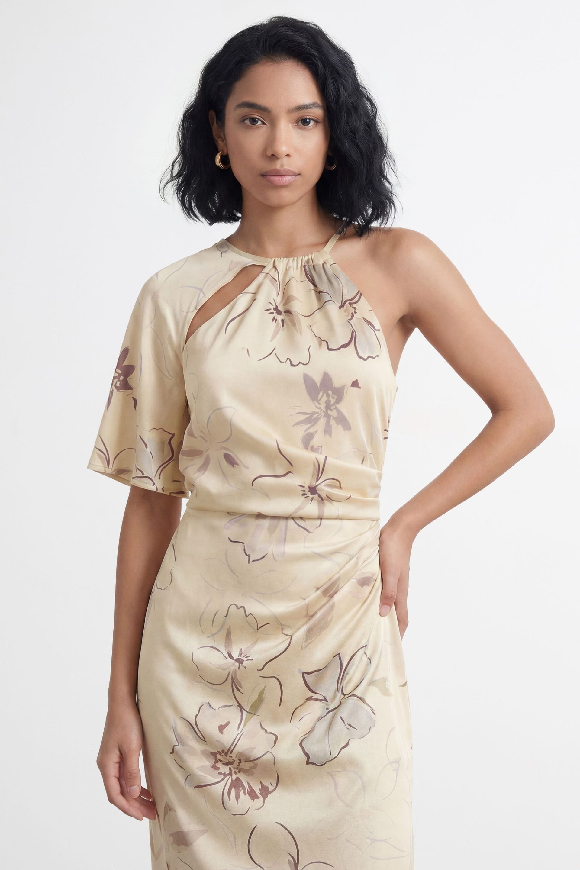 Warehouse Warehouse Women's Floral Print Asymmetric One Sleeve Bias Maxi Dress With Keyhole in Lemon - 4