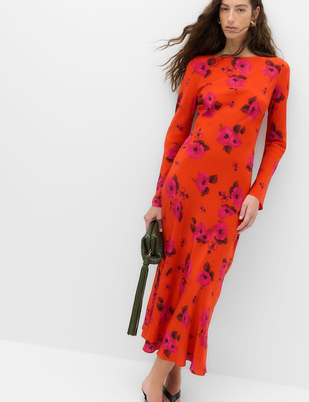 Marks & Spencer M&S Floral Round Neck Midaxi Column Dress Orange Mix