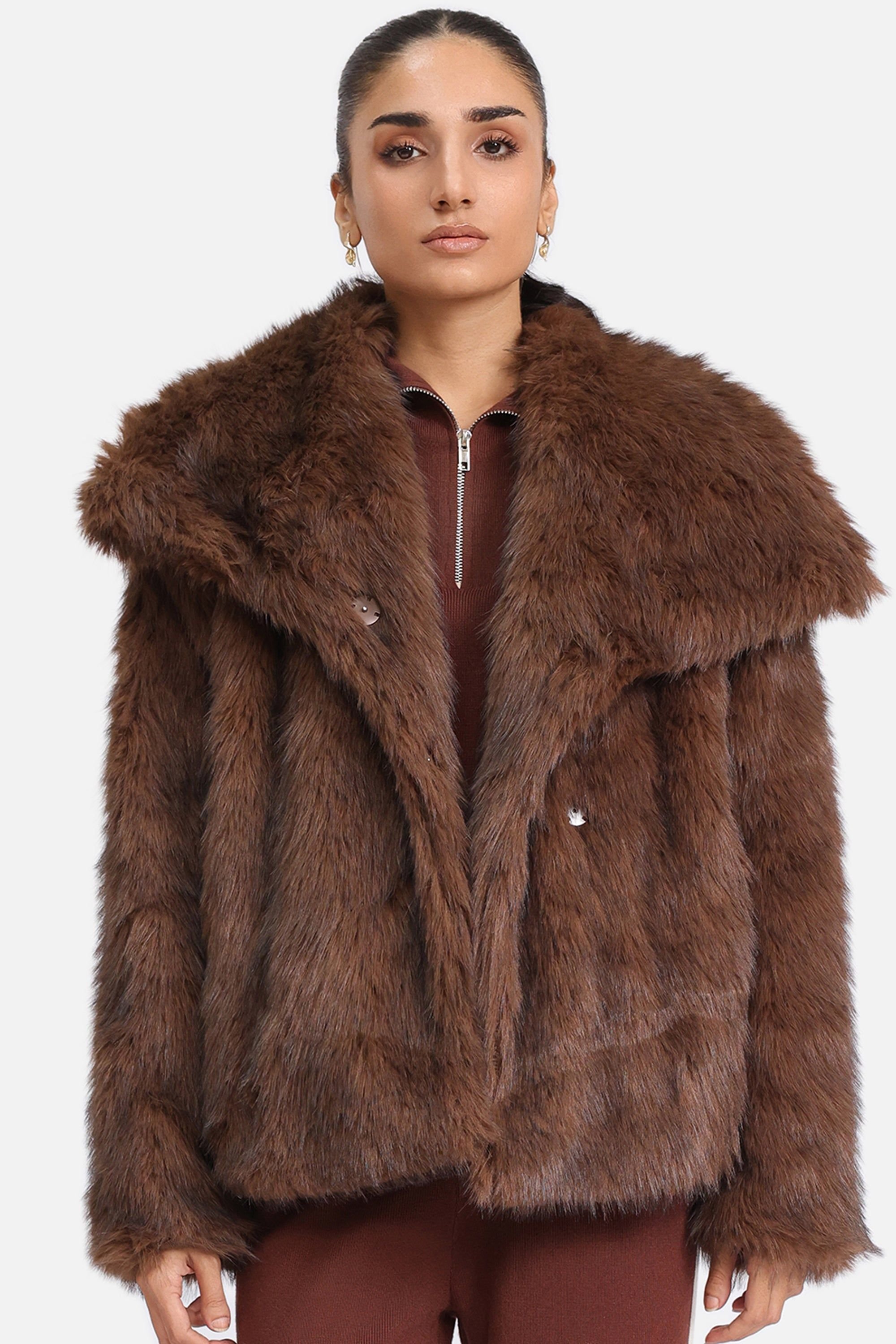 Urban Studio Urban Studio Women's Faux Fur Jacket - Plush Coat with Buttoned Closure in Dark Brown - 1