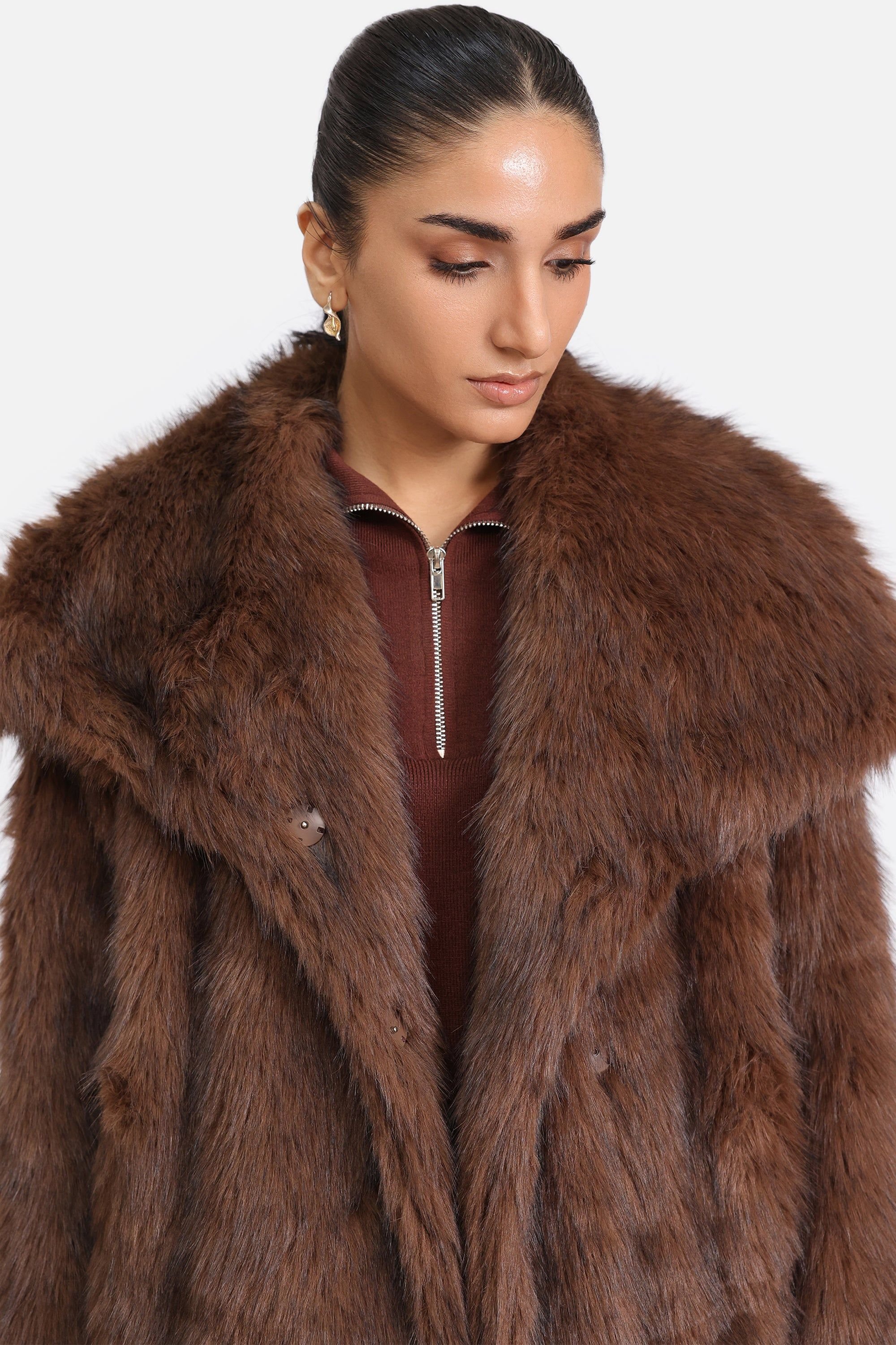 Urban Studio Urban Studio Women's Faux Fur Jacket - Plush Coat with Buttoned Closure in Dark Brown - 2