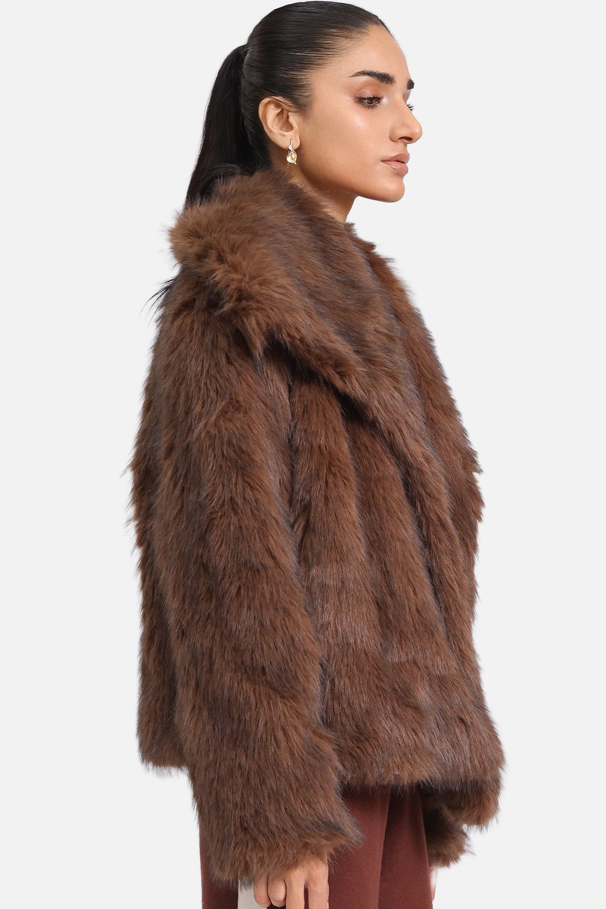 Urban Studio Urban Studio Women's Faux Fur Jacket - Plush Coat with Buttoned Closure in Dark Brown - 3