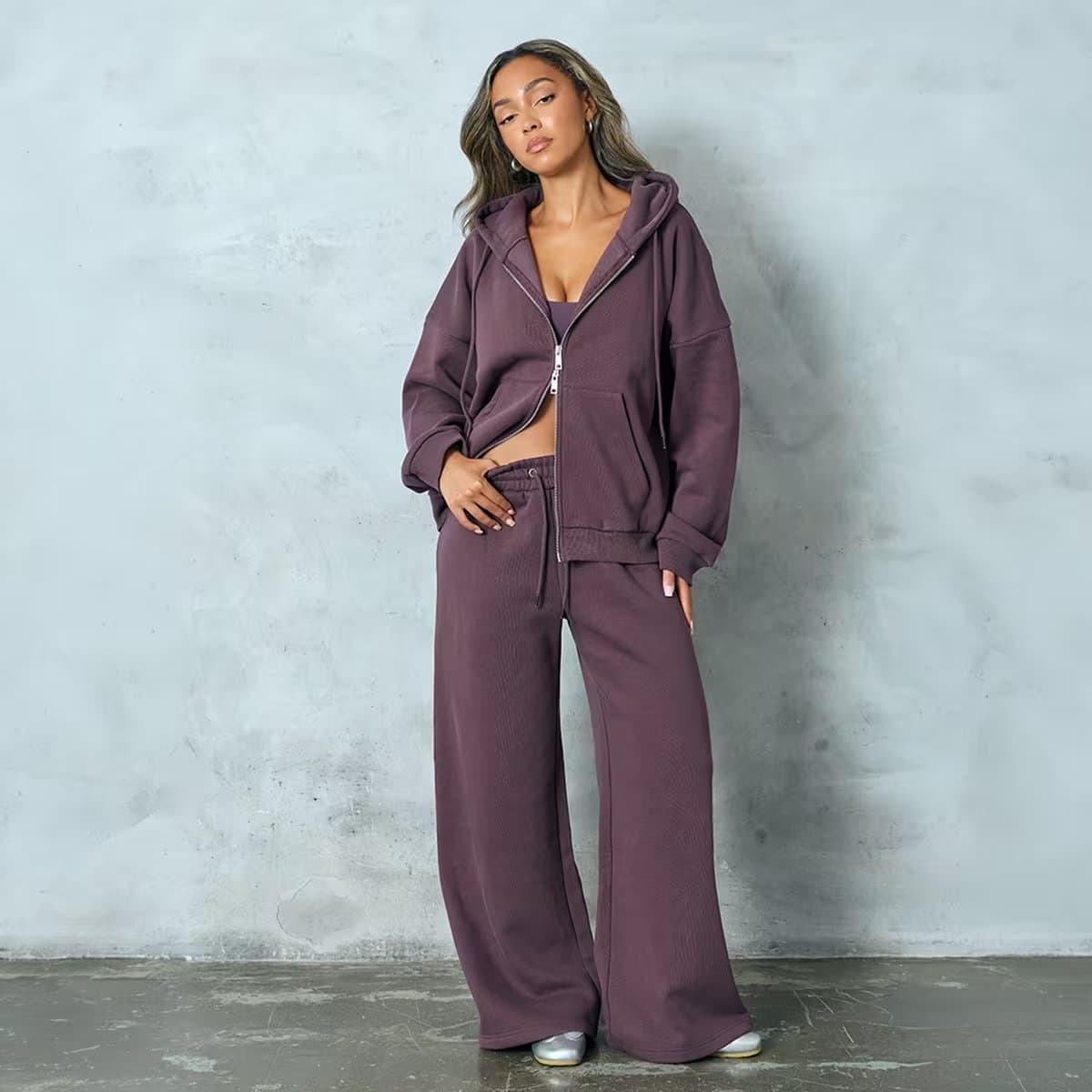 EGO Low Rise Drawstring Waist Wide Leg Joggers In Plum, Women's Size UK 6