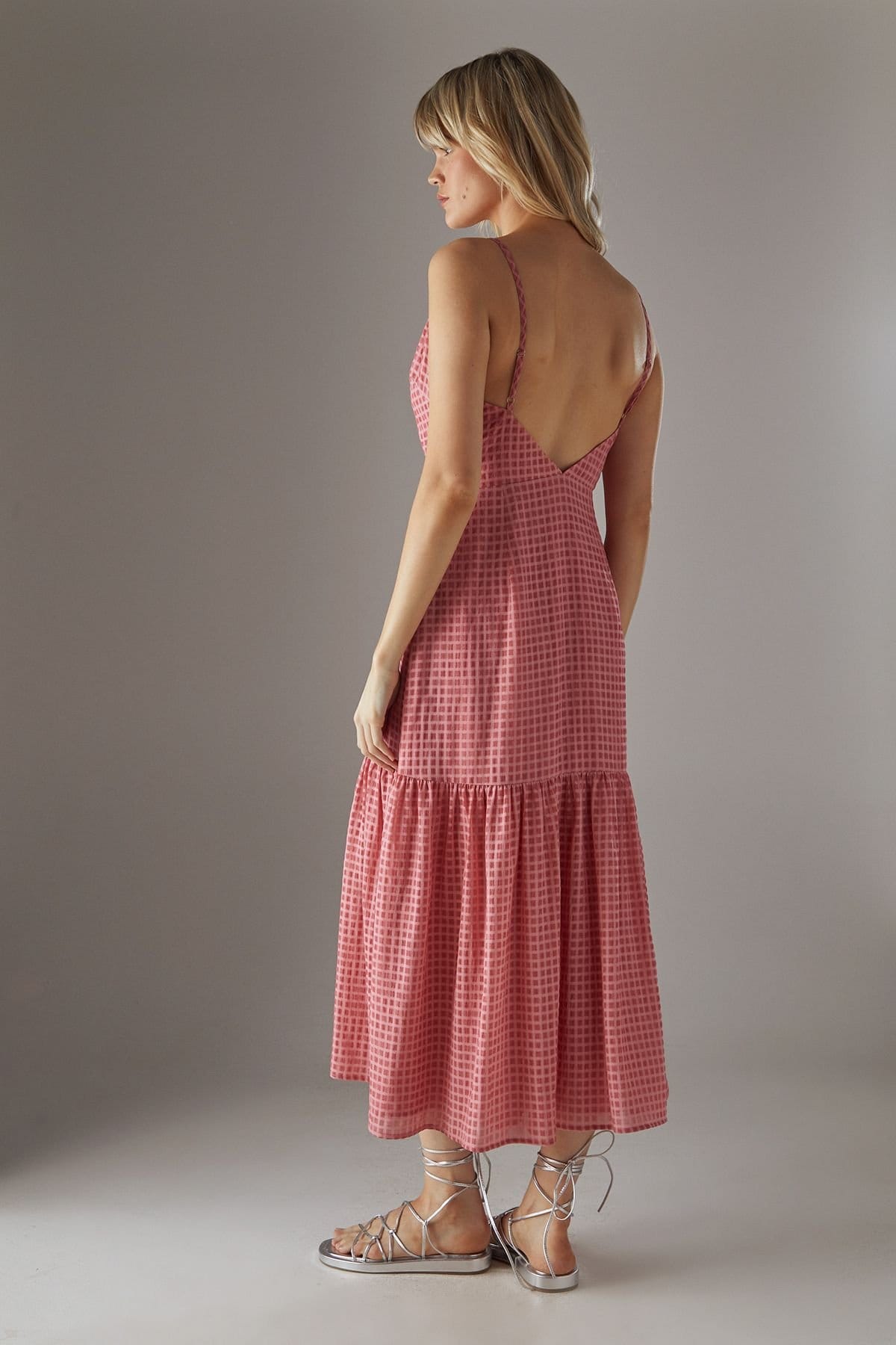 Warehouse Warehouse Women's Check Organza High Apex Strappy Midi Dress in Pink - 4