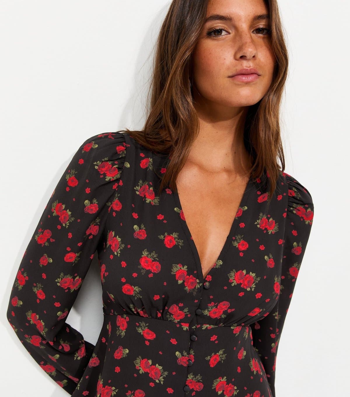 New Look Women's Red and Black Printed V Neck Blouse New Look