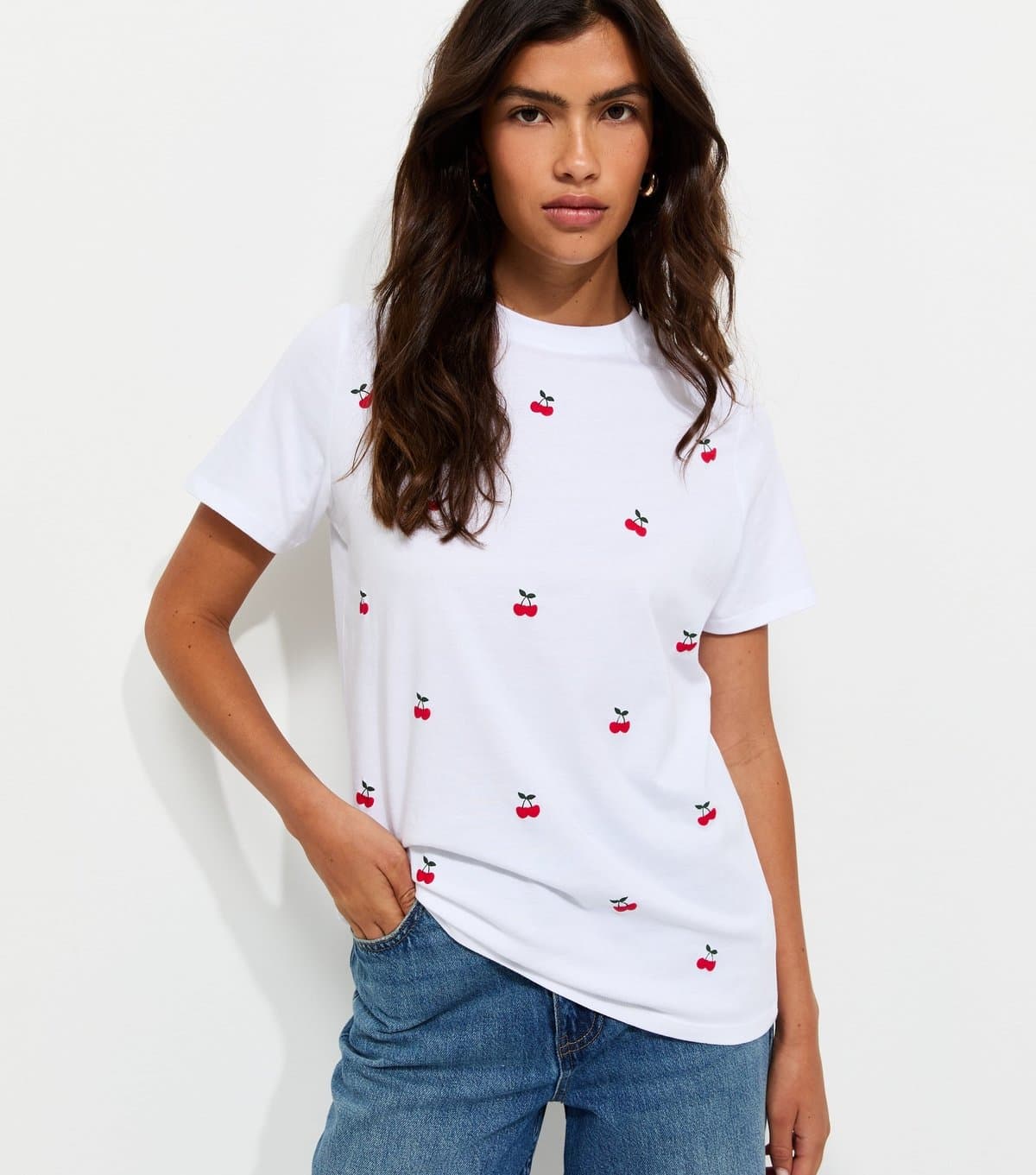 New Look New Look White Cotton Cherry Print Crew Neck T-Shirt