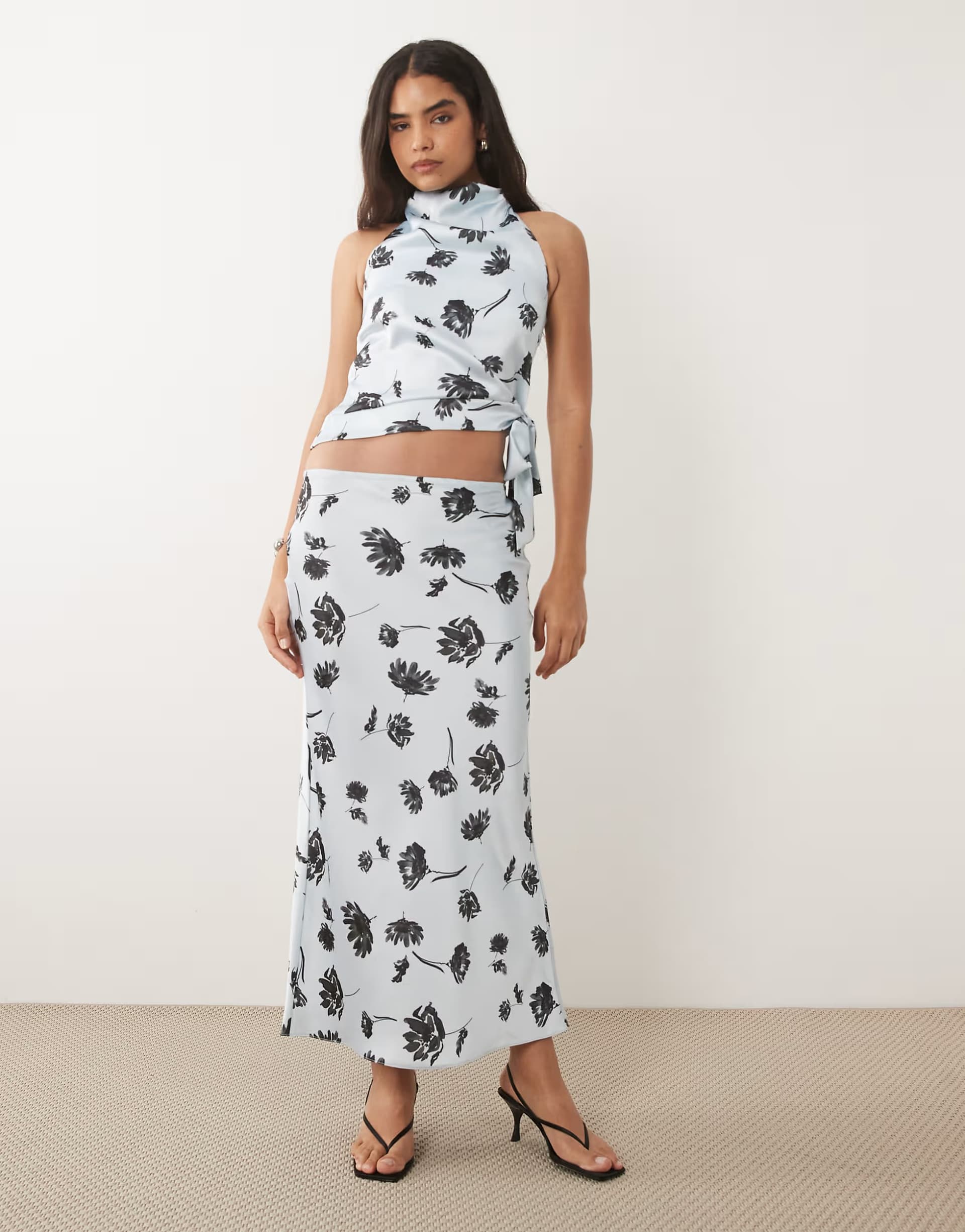 ASOS ASOS DESIGN satin 90's midi slip skirt in blue floral co ord