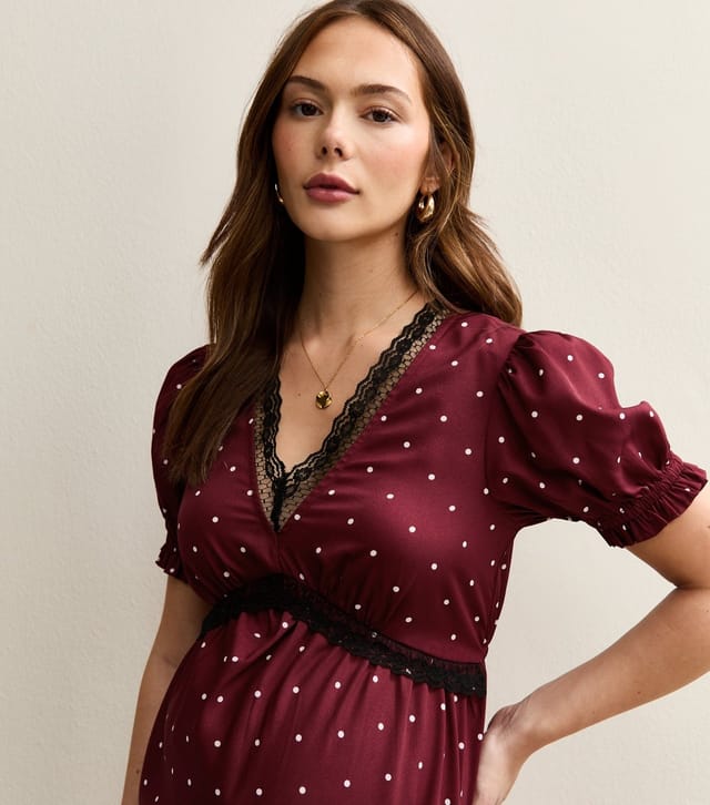 New Look Women's Maternity Red Polka Dot Lace Trim Midi Dress New Look - 2