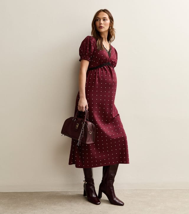 New Look Women's Maternity Red Polka Dot Lace Trim Midi Dress New Look - 3