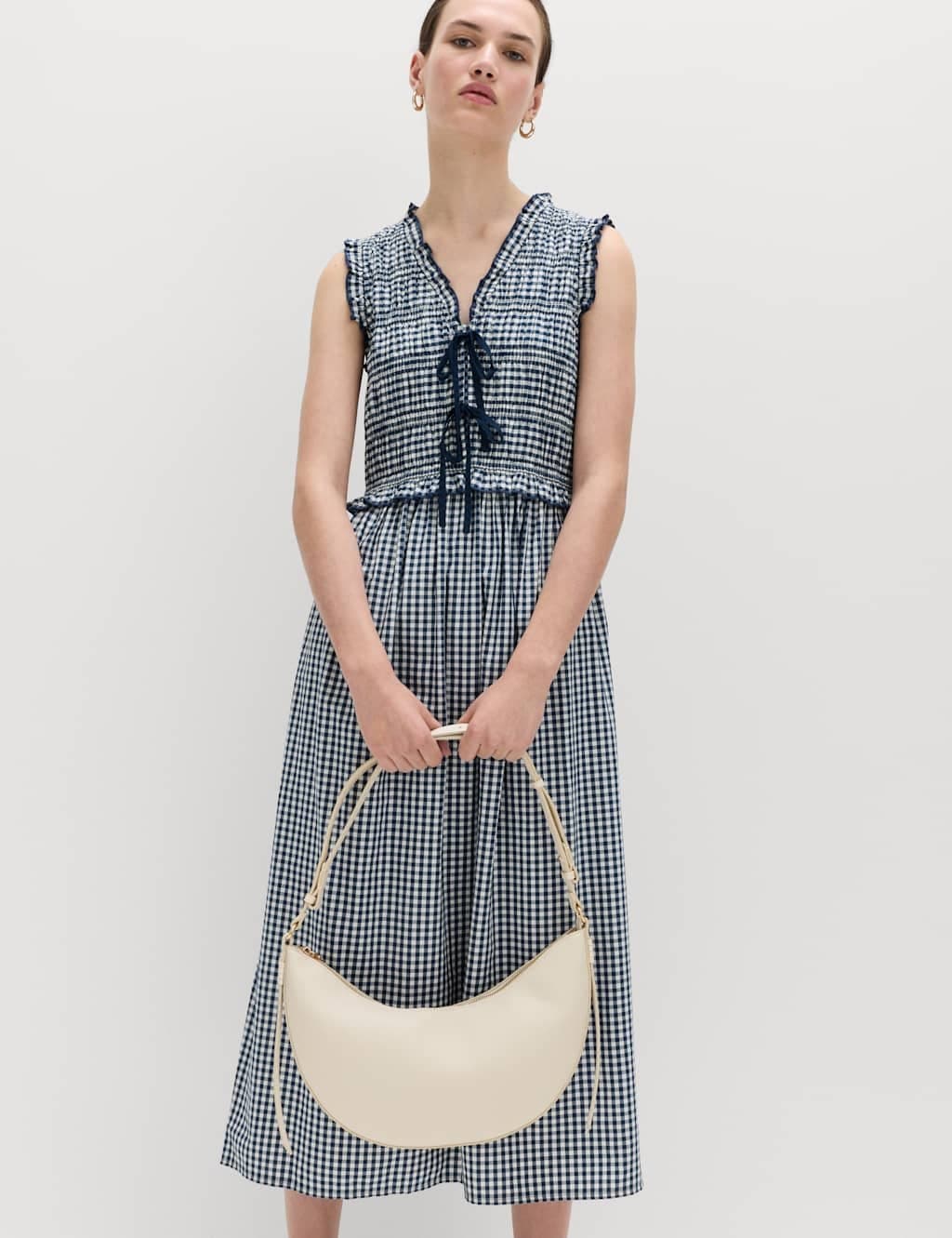Marks & Spencer M&S Cotton Rich Gingham Midi Waisted Dress Black Mix