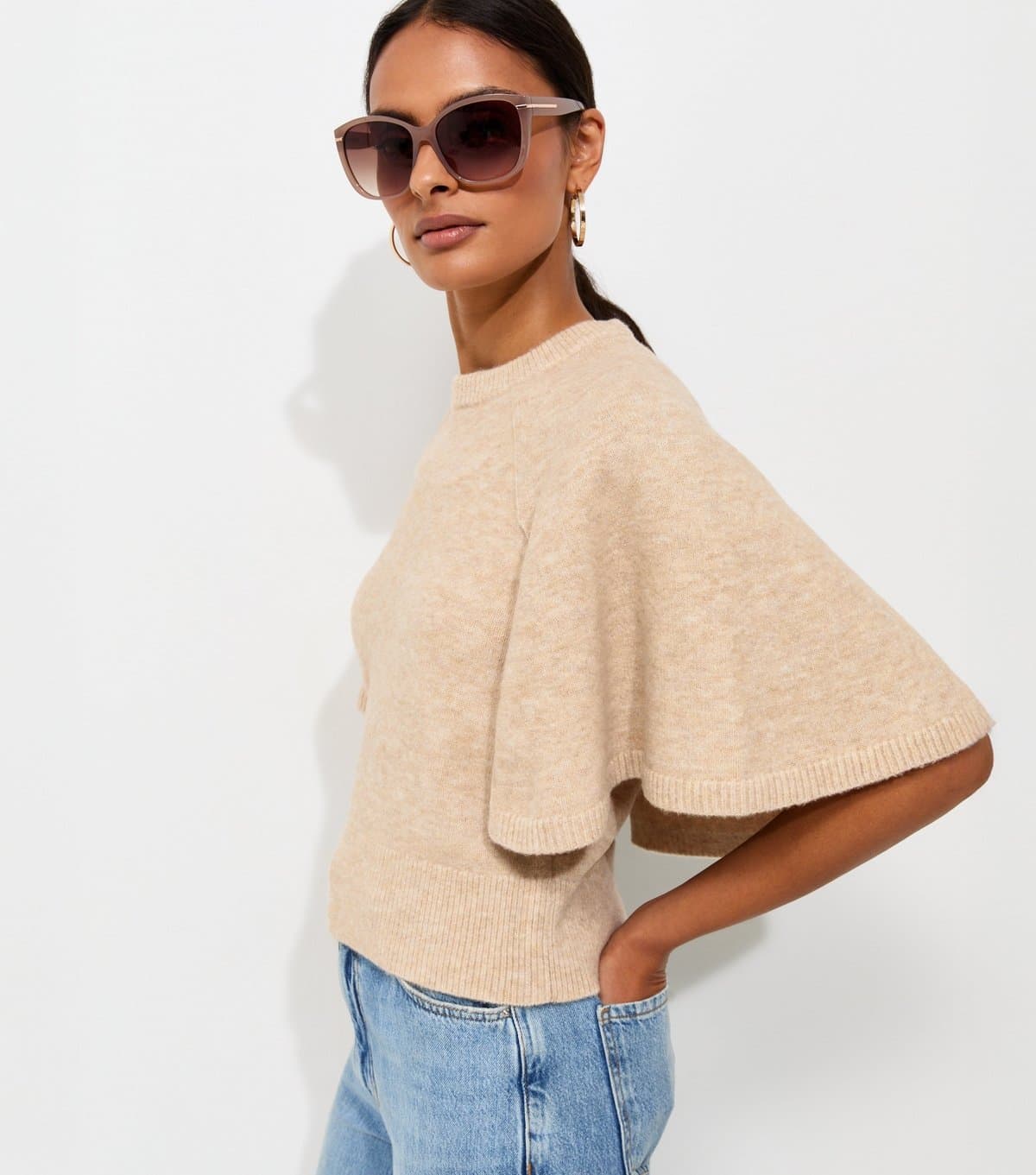 New Look Women's Oatmeal Knitted Cape Sleeve T-Shirt New Look