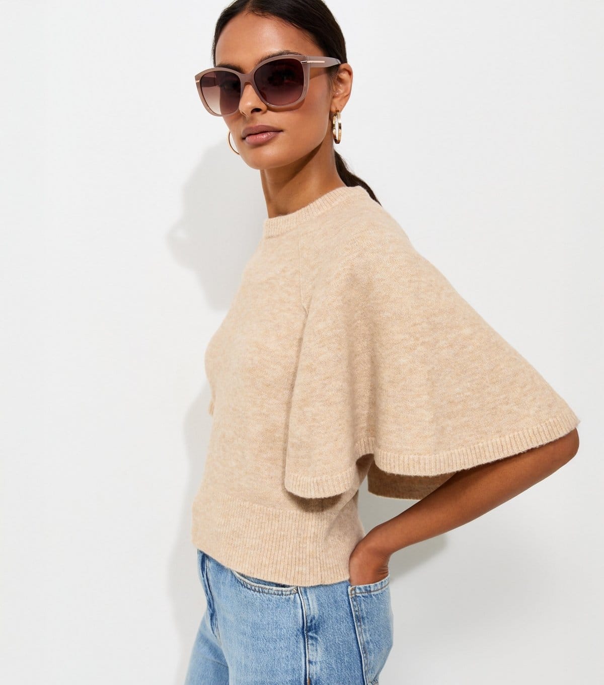 New Look Oatmeal Knitted Cape Sleeve T-Shirt