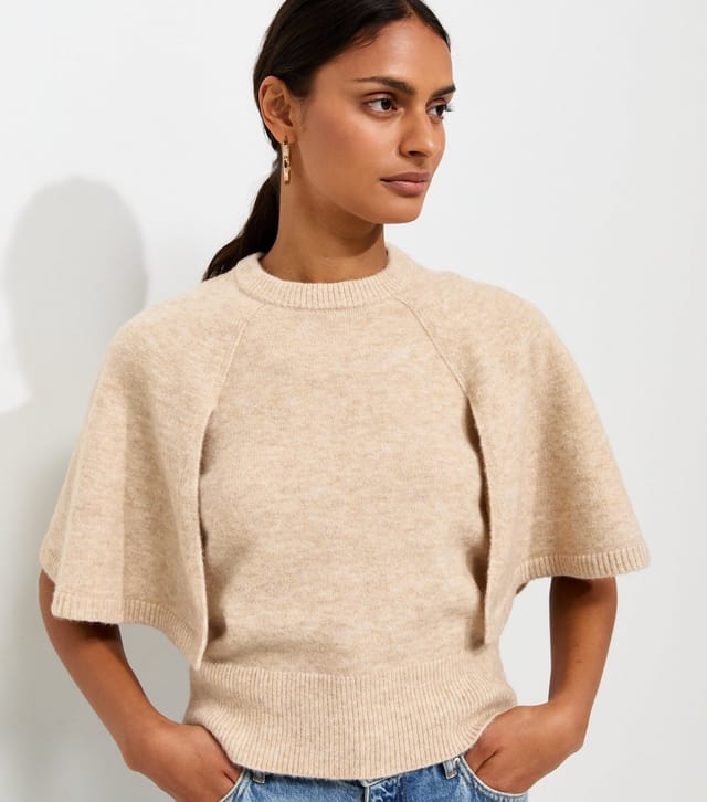New Look Women's Oatmeal Knitted Cape Sleeve T-Shirt New Look - 2