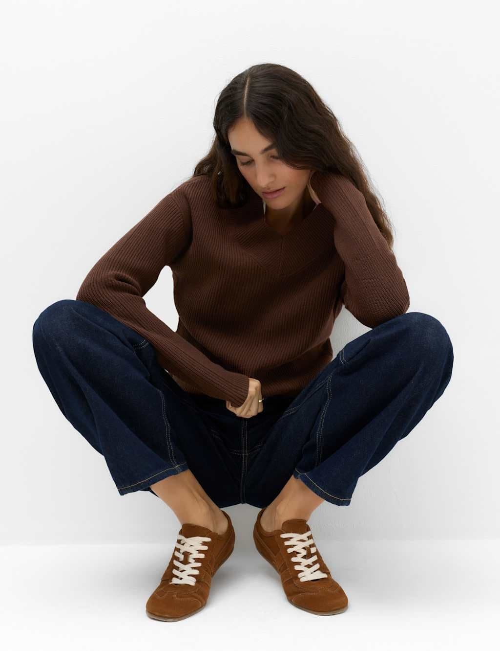 Marks & Spencer M&S Ribbed V-Neck Longline Jumper Conker