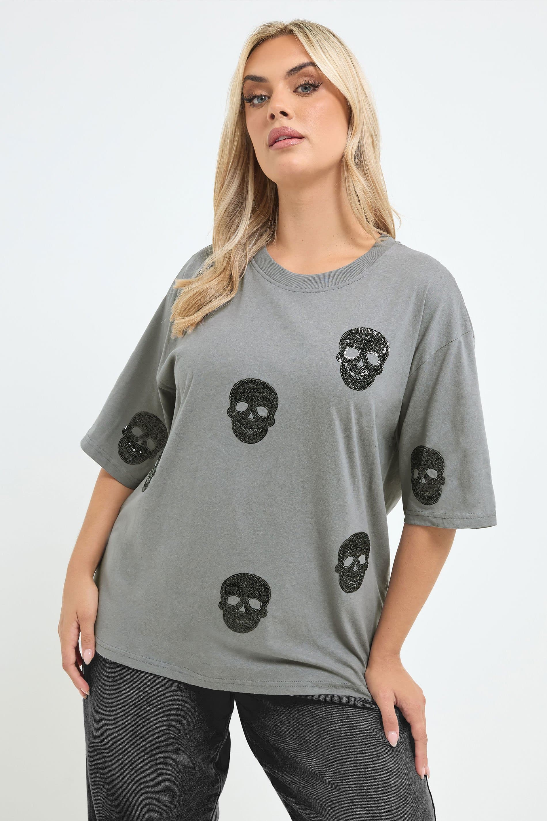 Limited Collection Grey Sequin Skull Tshirt