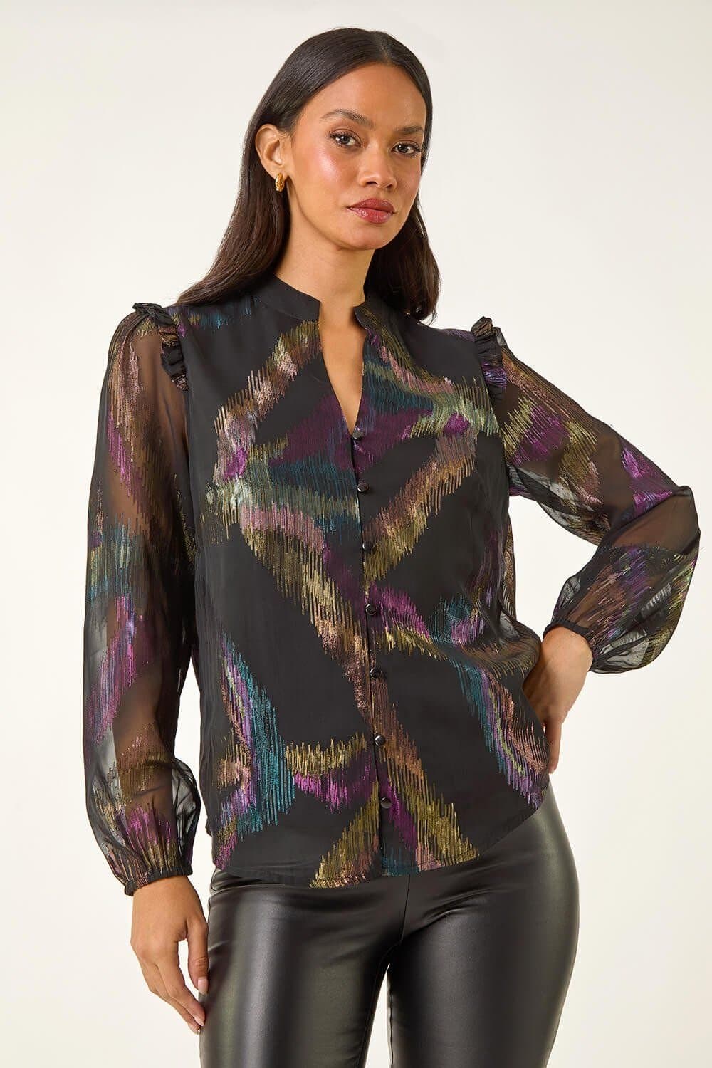 Dusk Dusk Black Foil Frill Mesh Shirt for Women