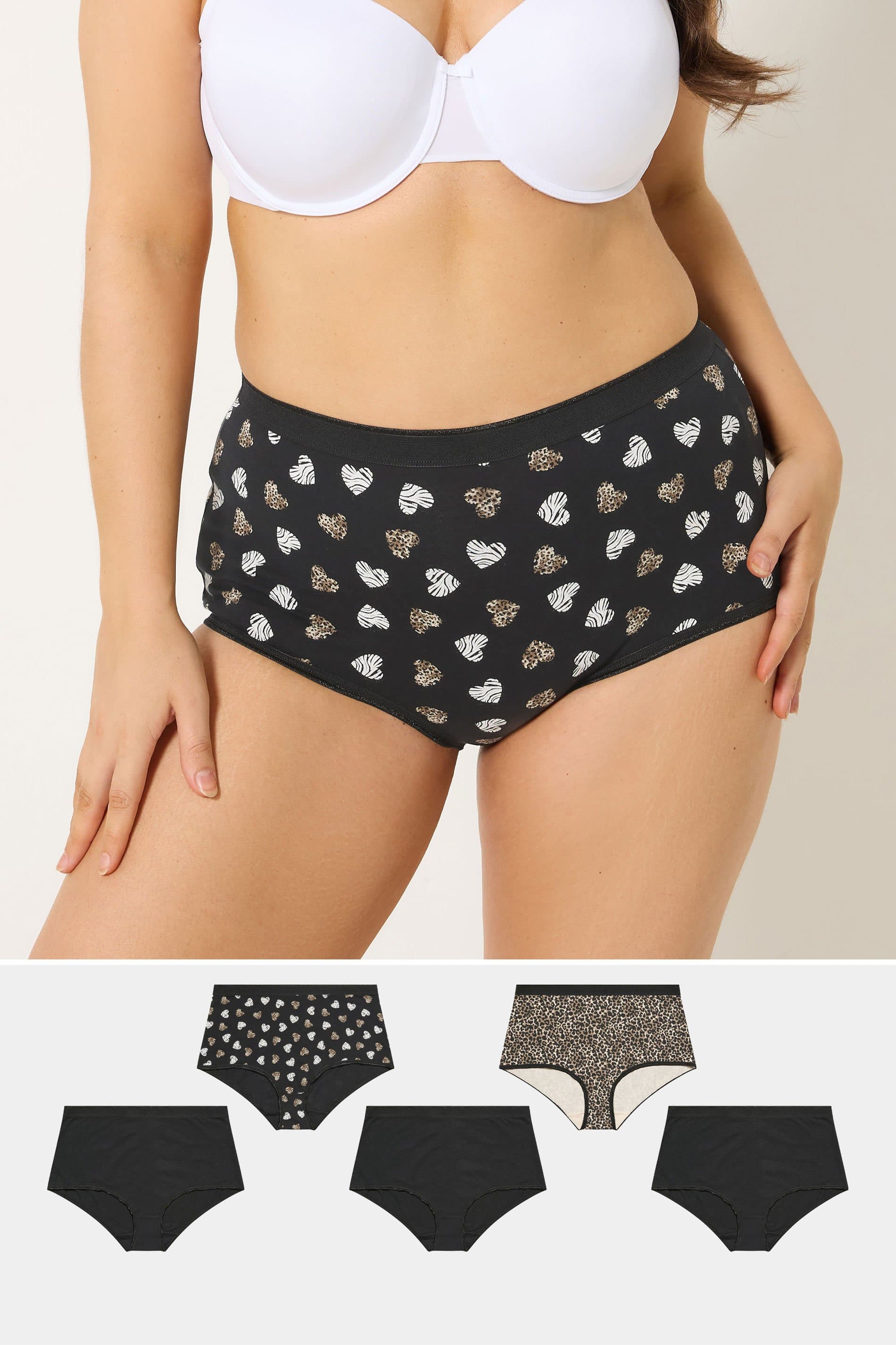 Yours 5 Pack Plus Size Black Animal Heart High Waisted Full Briefs