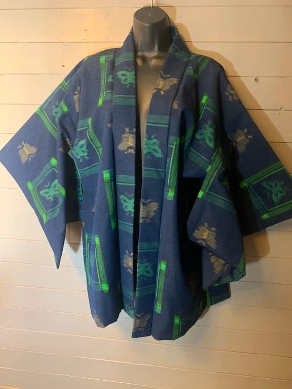 Vintage Dressing Vintage Japanese Kimono Jacket Navy Blue Butterfly Print Fits UK 14 to 18