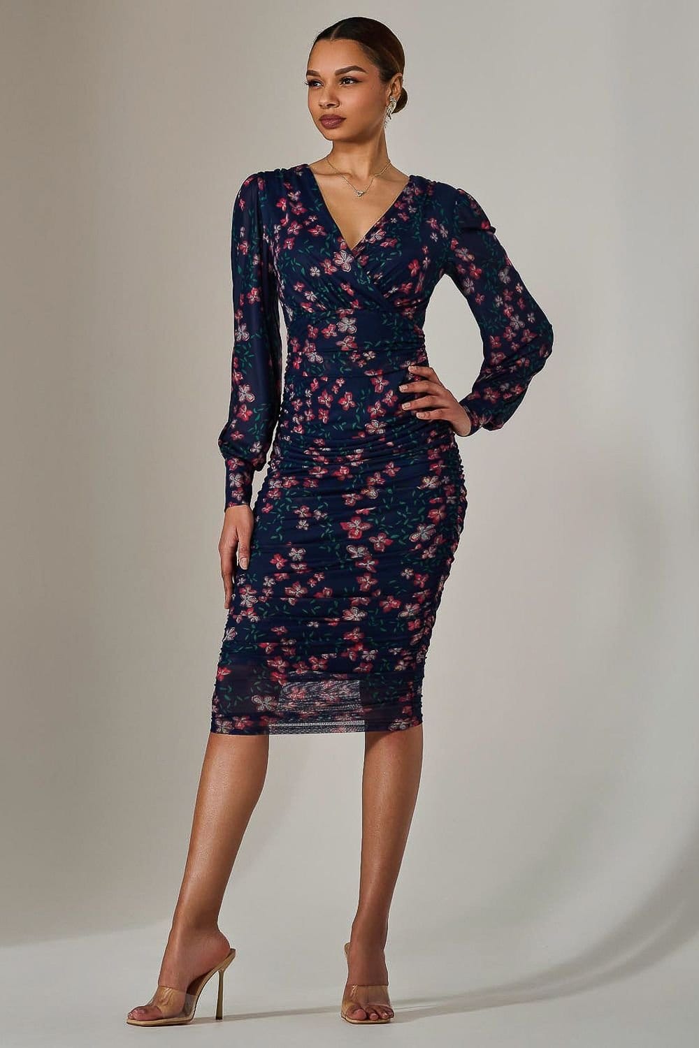 Jolie Moi Jolie Moi Women's Mesh Long Sleeve Ruched Bodycon Dress in Navy - 4
