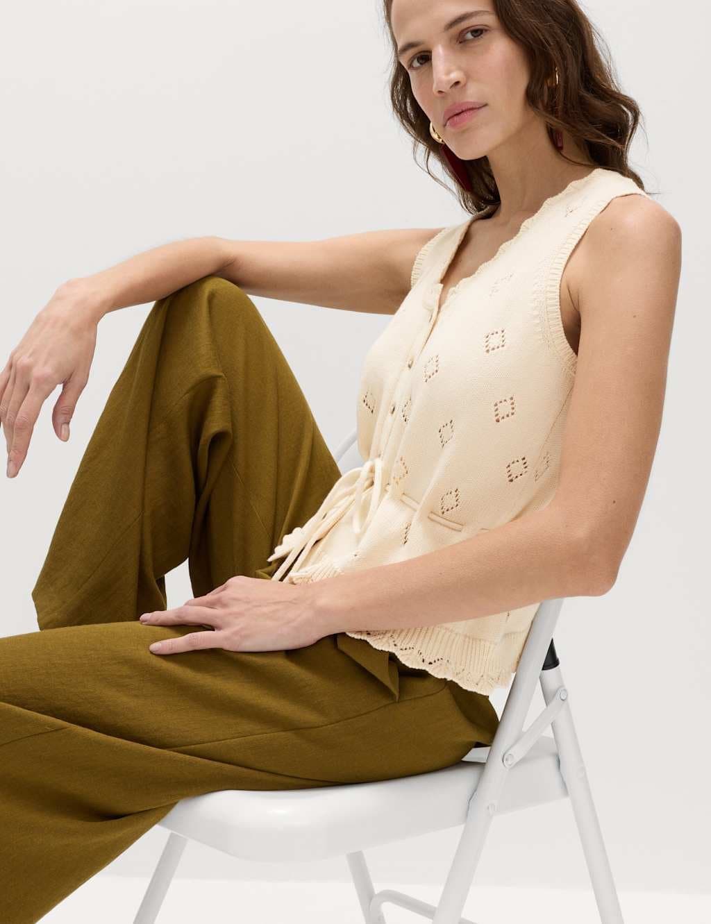 Marks & Spencer M&S Pure Cotton Textured Cropped Knitted Vest Vanilla
