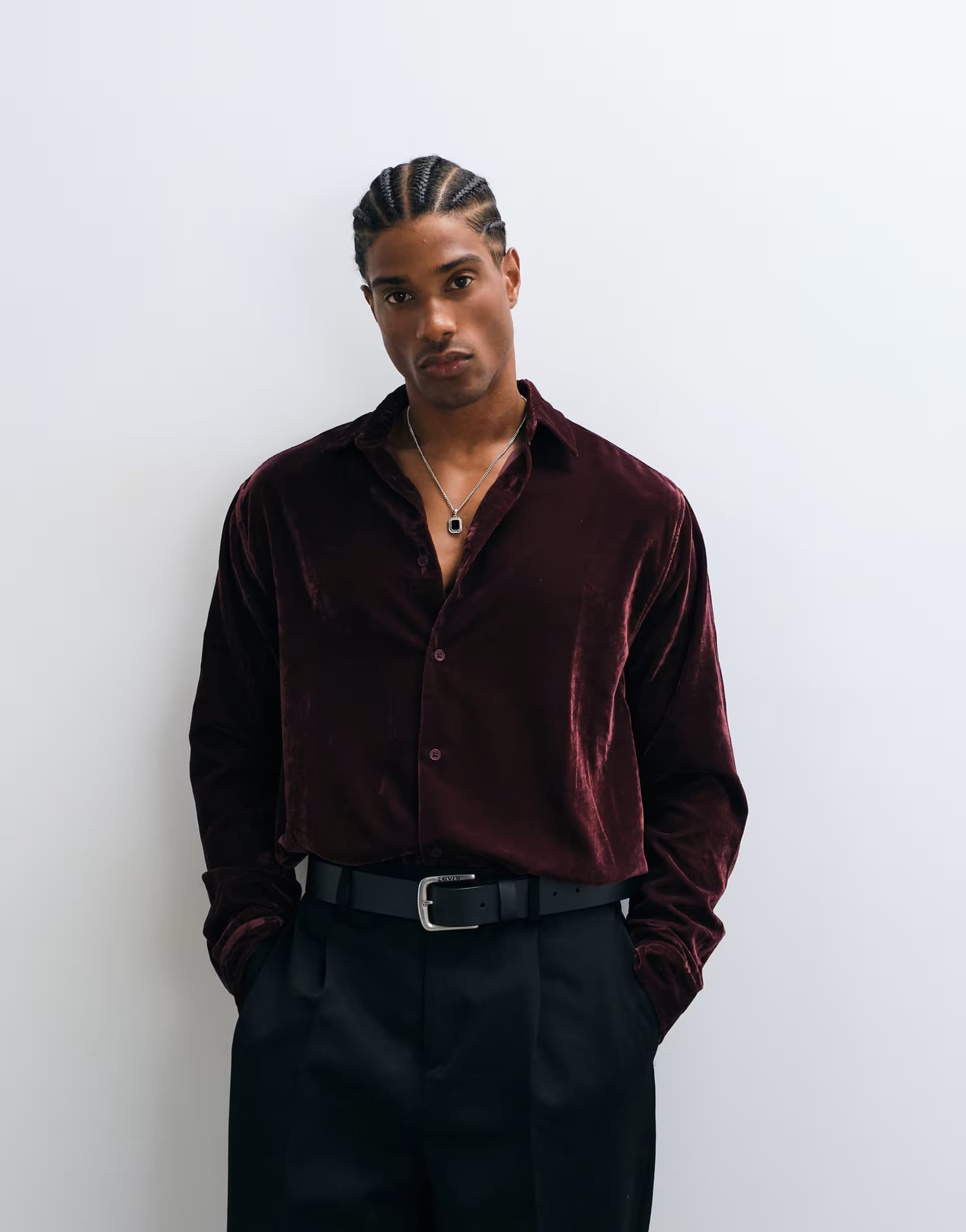 ASOS ASOS DESIGN relaxed velvet shirt in burgundy