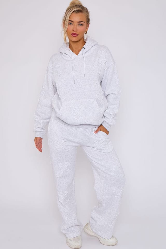 STYLEWISE STYLEWISE Women's Oversized Crucifix Embroidered Hooded Fleece Co-ord in Light Grey - 2