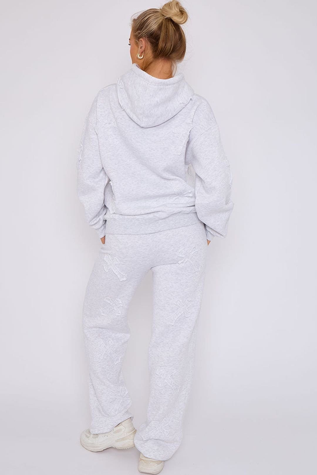 STYLEWISE STYLEWISE Women's Oversized Crucifix Embroidered Hooded Fleece Co-ord in Light Grey - 4