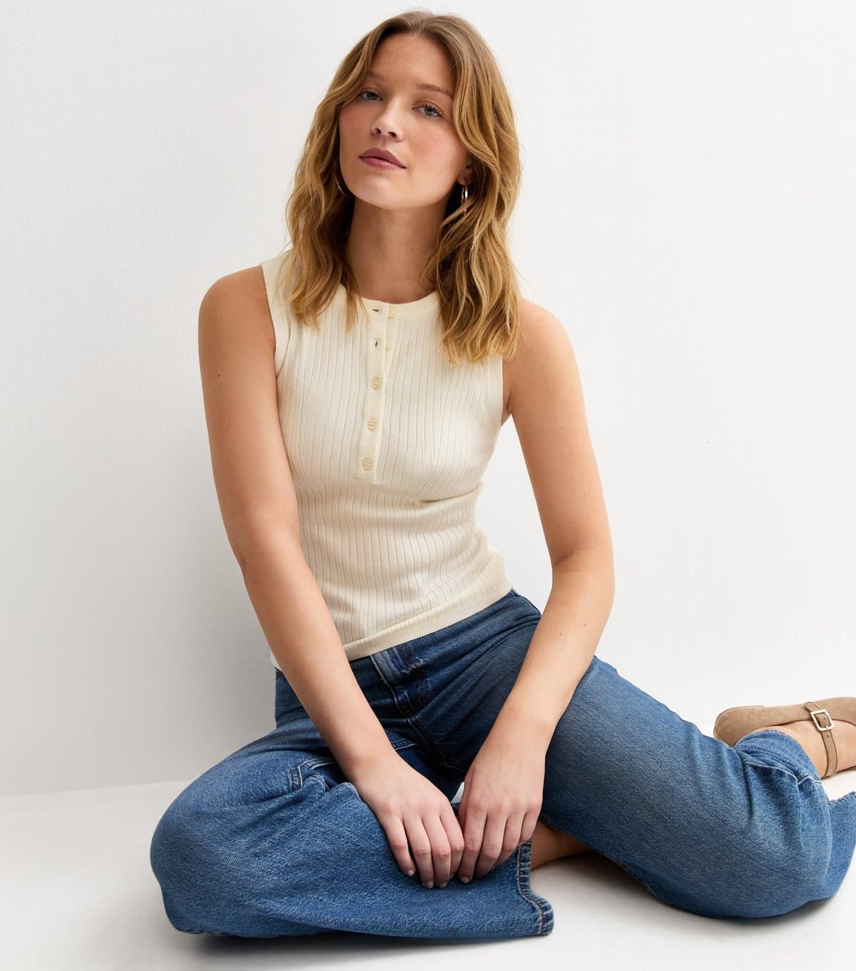 New Look New Look Cream Knitted Sleeveless Henley Top