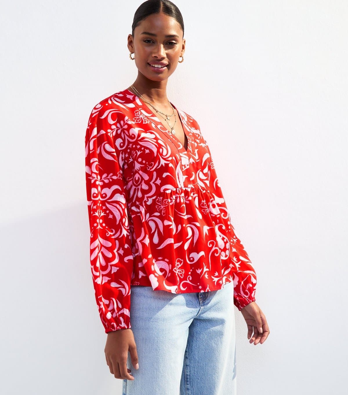 New Look Women's Red Paisley Print V-Neck Top New Look