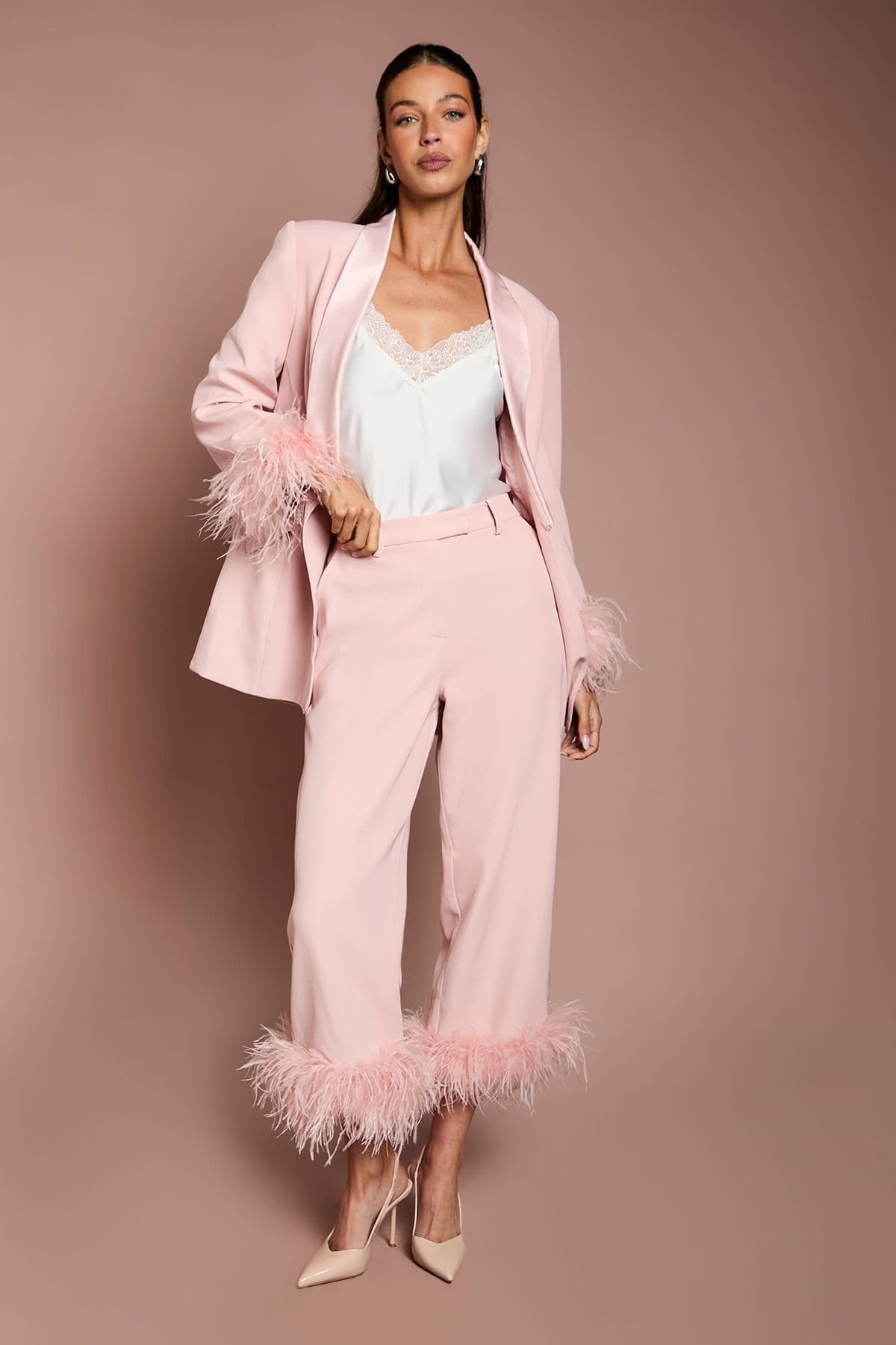 Coast Blush Satin Feather Trim Cropped Trousers