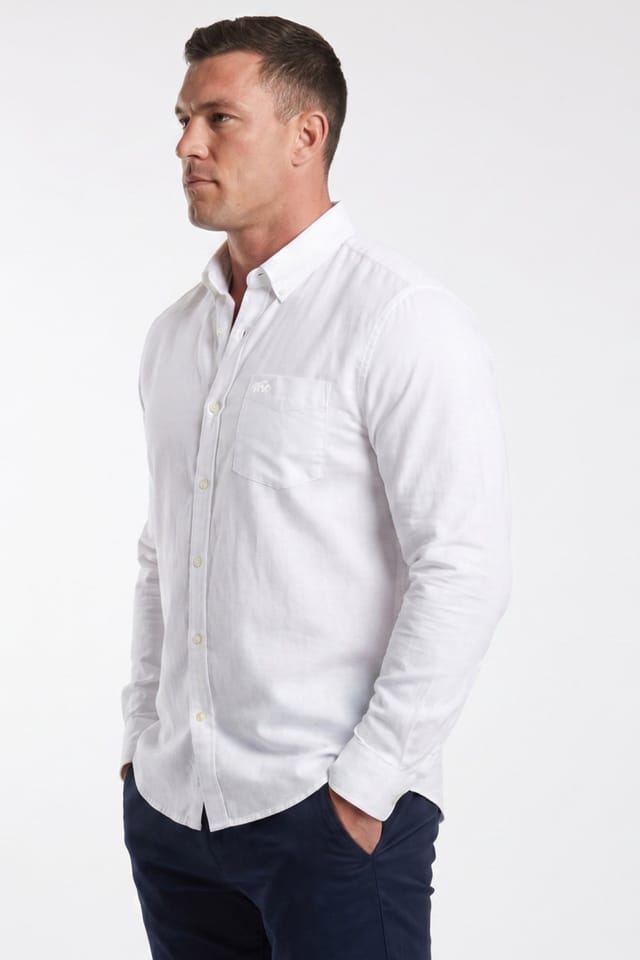 raging bull Raging Bull Men's Long Sleeve Linen Look Shirt in White - 2