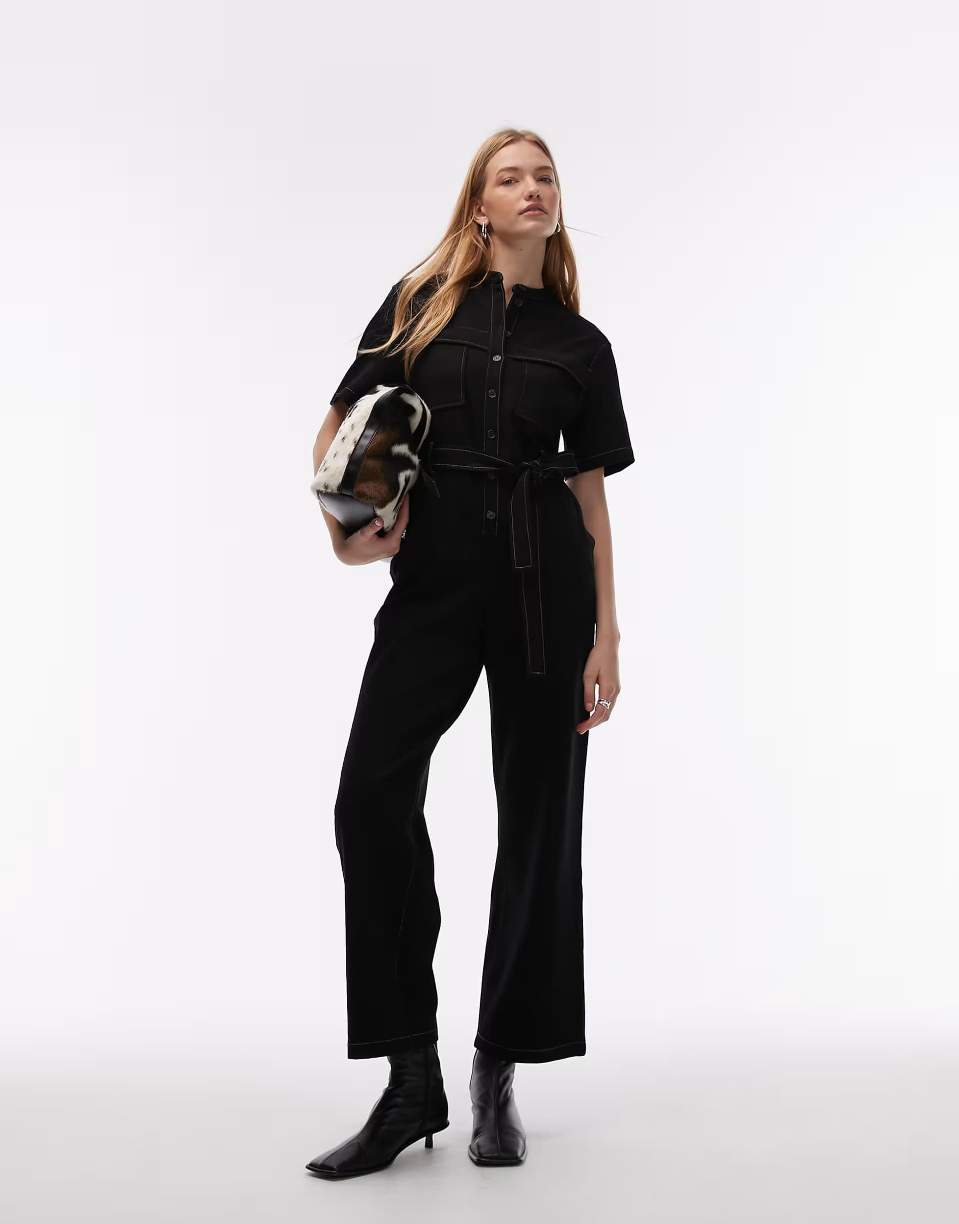 ASOS & Other Stories wide leg stretch jumpsuit with tie waist and utility pockets in black