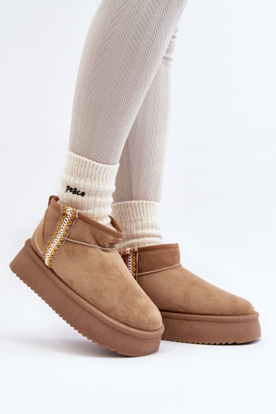 Love Lace Love Lace Women's Platform Snow Boots in Suede with Aztec Pattern Fur Lining in Brown