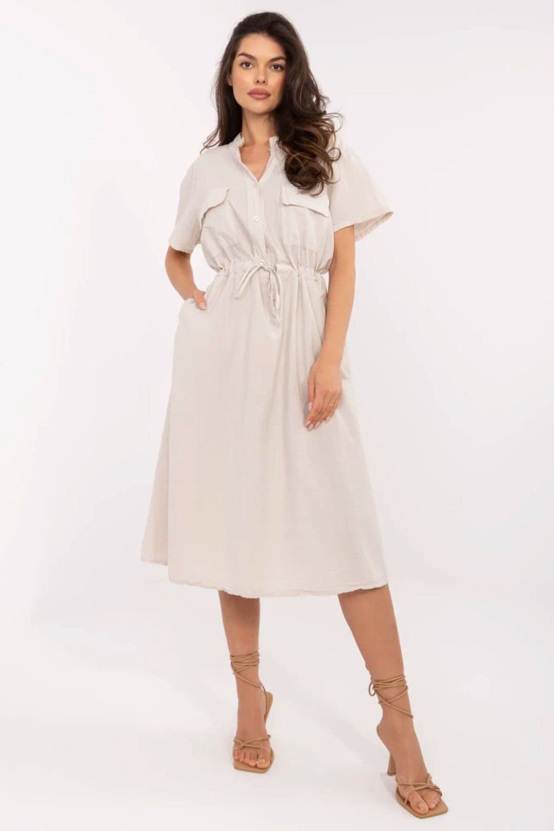 Love Lace Love Lace Women's Cotton Midi Summer Dress with Pockets in Beige