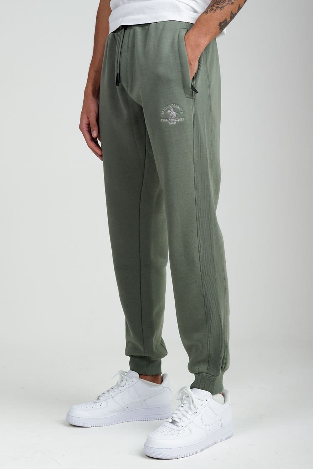 Santa Barbara Polo & Racquet Club Santa Barbara Polo & Racquet Club Men's Cotton Rich Joggers with Ribbed Side Panels & Drawstring Waist in Khaki