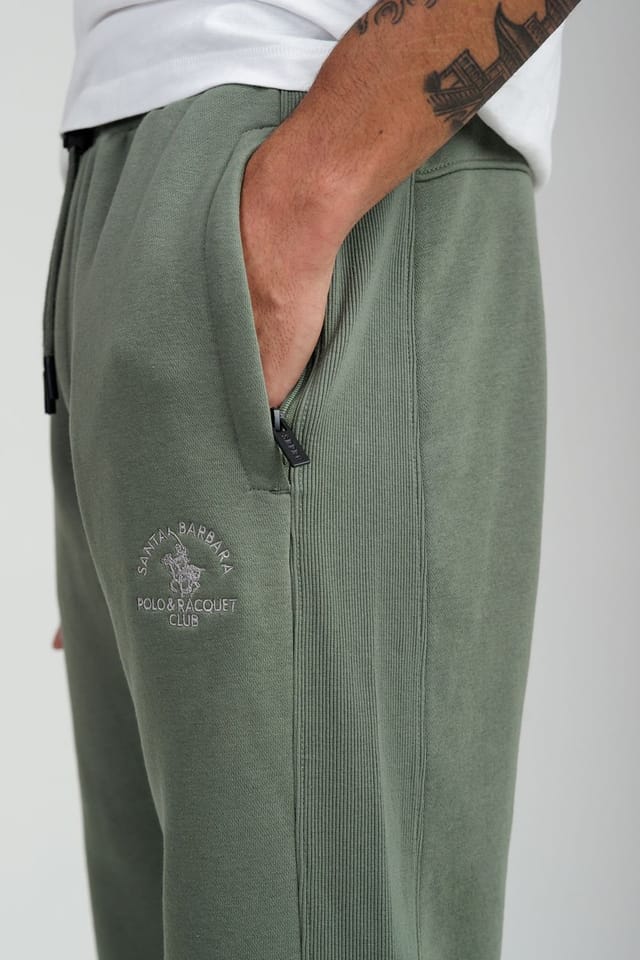 Santa Barbara Polo & Racquet Club Santa Barbara Polo & Racquet Club Men's Cotton Rich Joggers with Ribbed Side Panels & Drawstring Waist in Khaki - 3