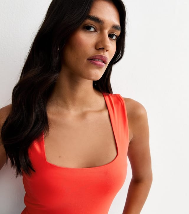 New Look Women's Bright Orange Slinky Square Neck Sleeveless Bodysuit New Look - 2