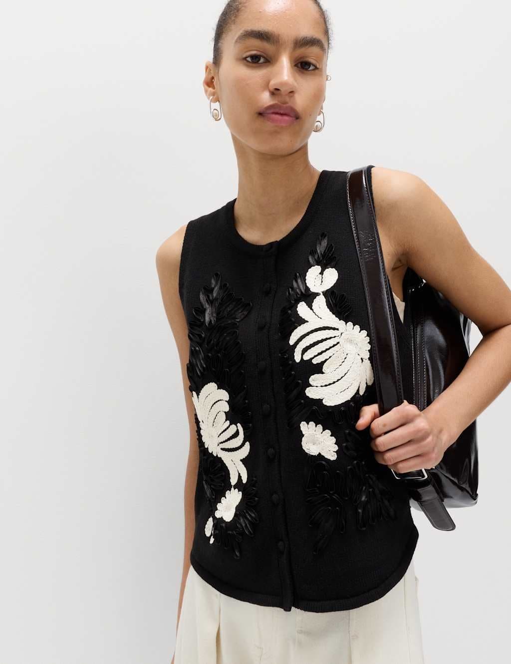 Marks & Spencer M&S Cotton Rich Embroidered Knitted Waiscoat Black Mix