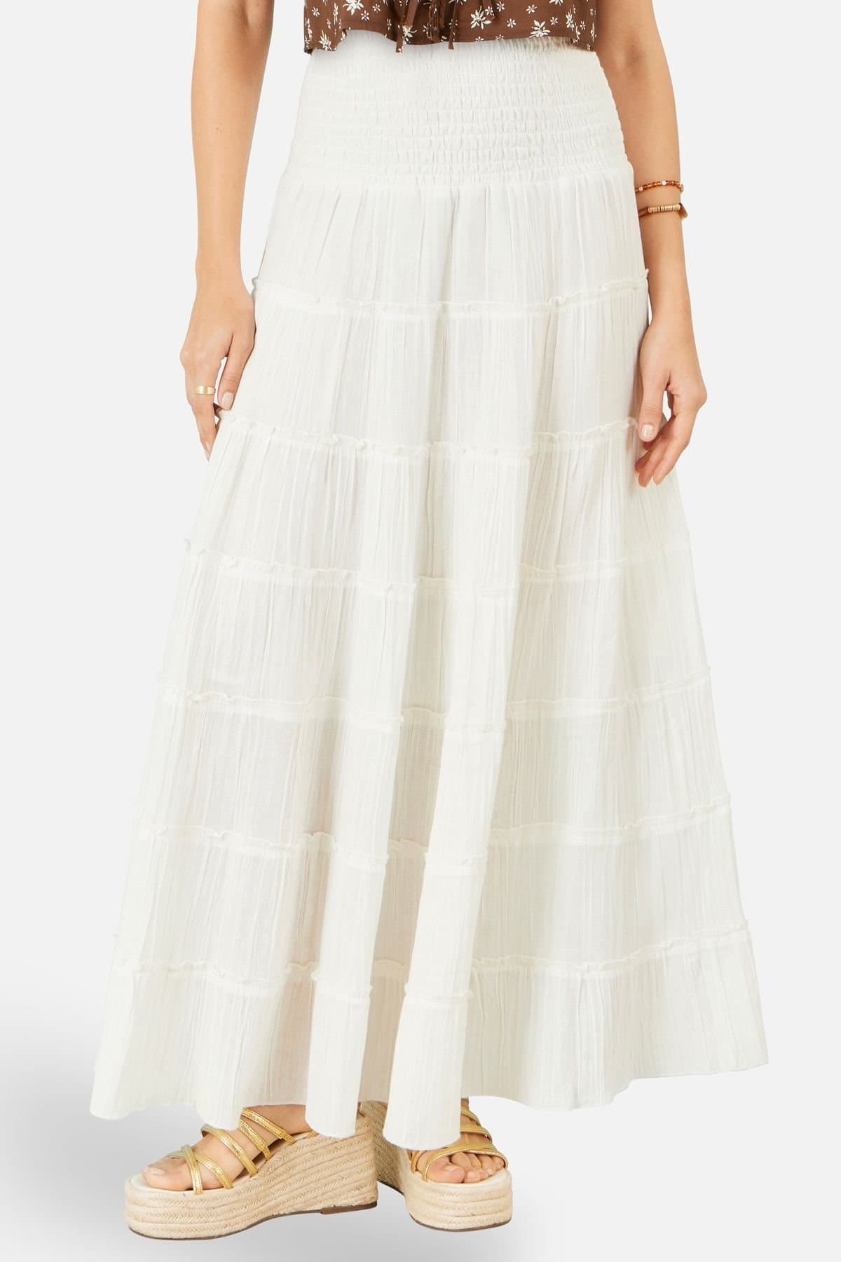 Yumi Yumi Women's White Double Cotton Tiered Boho Maxi Skirt in Off-White